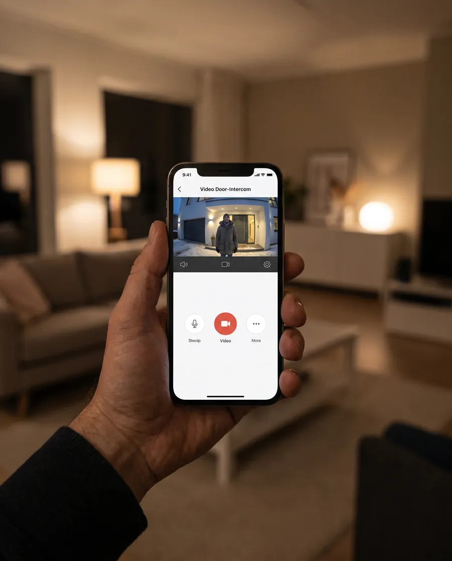 פתיחת דלת הבניין מהאפליקציה בנייד - רואים את האורח בכניסה